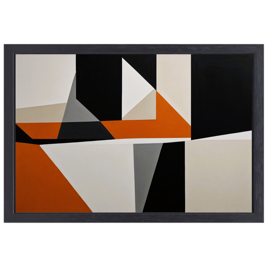 Abstract geometrisch spel van oranje en zwart canvas met baklijst