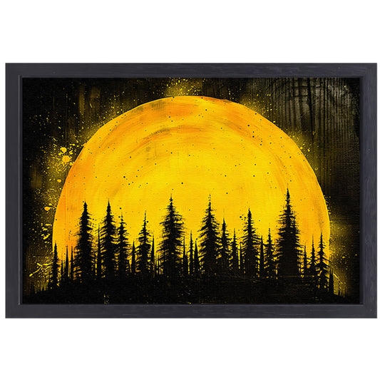 Silhouet van bomen met gele achtergrond canvas met baklijst
