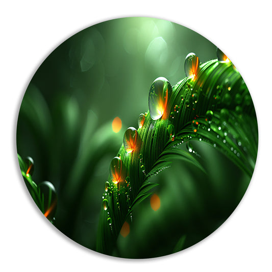 Dauwdruppels glinsterend op weelderige bladeren aluminium muurcirkel