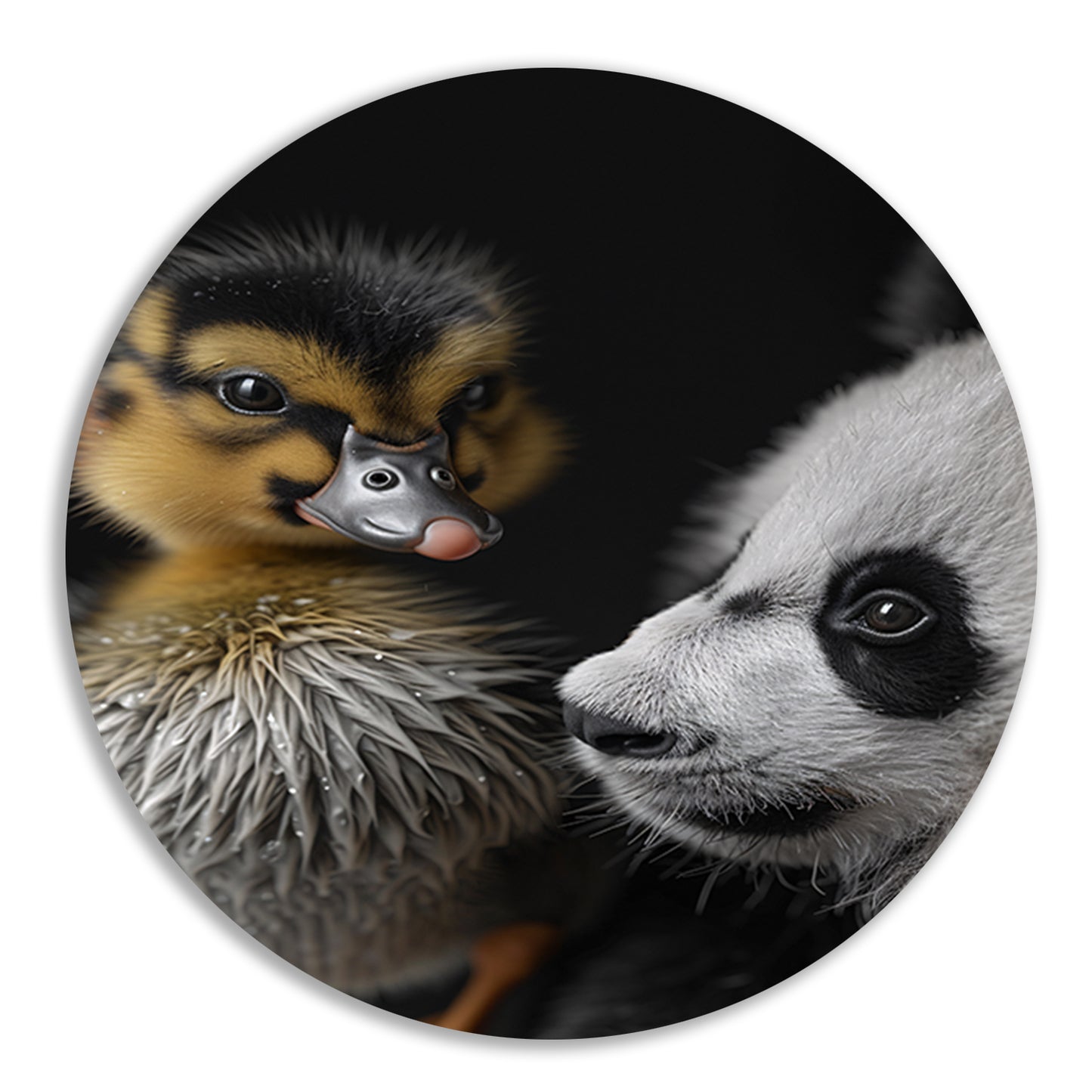 Nieuwsgierige panda en schattige eend aluminium muurcirkel