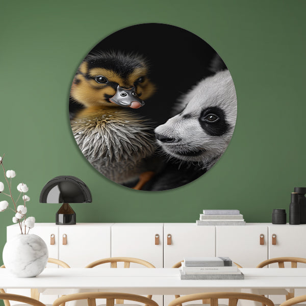 Nieuwsgierige panda en schattige eend aluminium muurcirkel