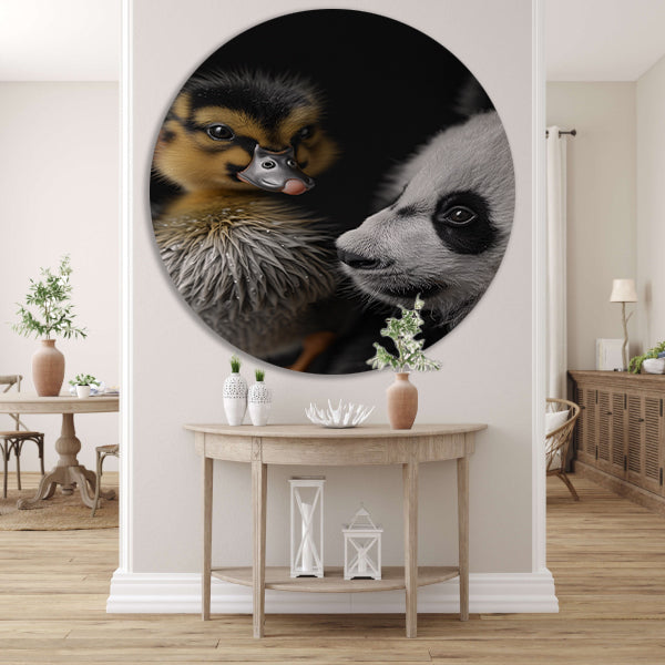 Nieuwsgierige panda en schattige eend aluminium muurcirkel