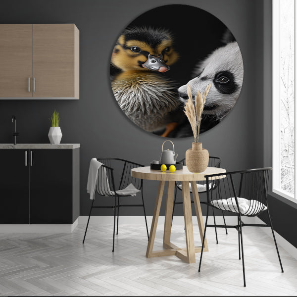 Nieuwsgierige panda en schattige eend aluminium muurcirkel