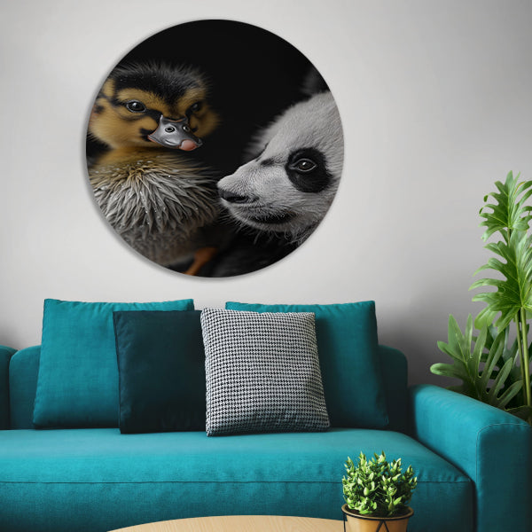 Nieuwsgierige panda en schattige eend aluminium muurcirkel
