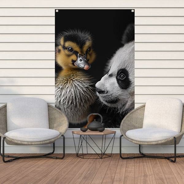Nieuwsgierige panda en schattige eend tuinposter