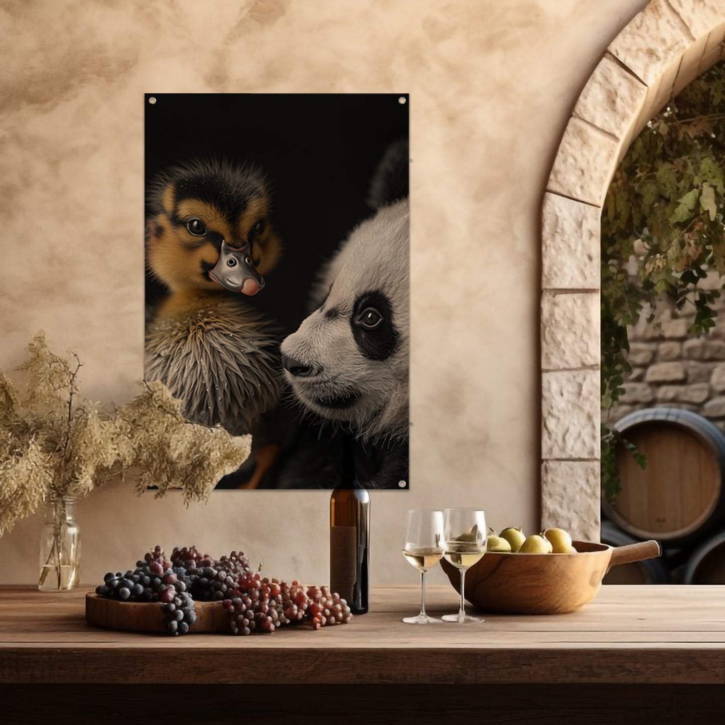 Nieuwsgierige panda en schattige eend tuinposter