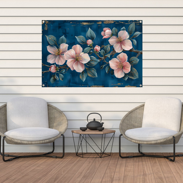 Prachtige bloemen op blauwe achtergrond tuinposter
