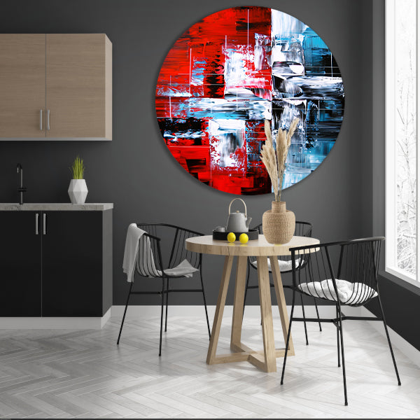 Abstract modern schilderij met dynamische kleuren aluminium muurcirkel