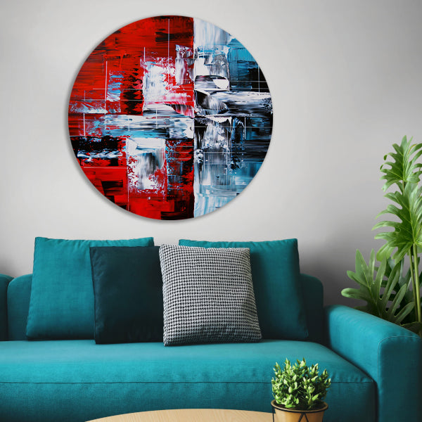 Abstract modern schilderij met dynamische kleuren aluminium muurcirkel