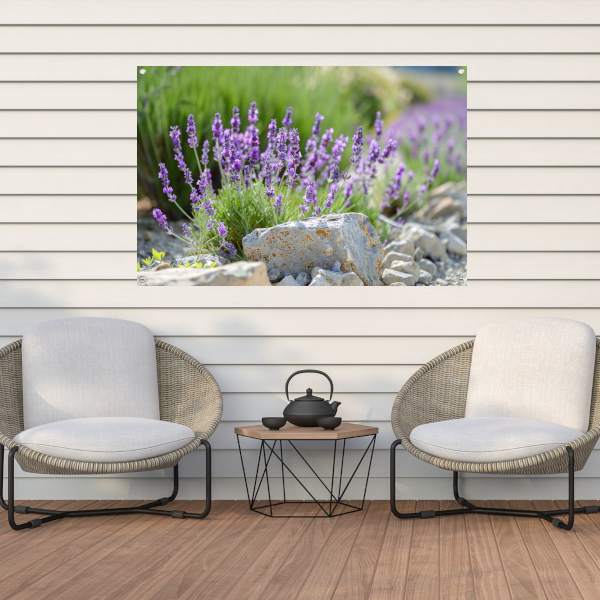 Lavendelbloemen in bloei naast grijsbruine rotsen tuinposter
