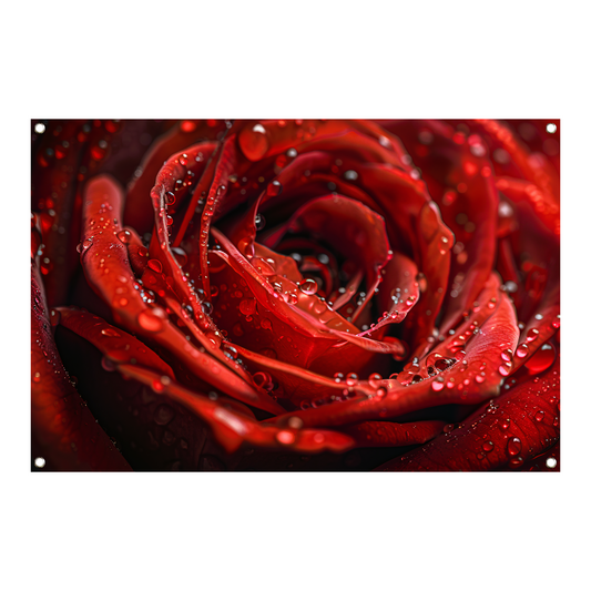 Close-up van een rode roos met dauwdruppels tuinposter