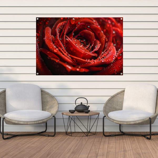 Close-up van een rode roos met dauwdruppels tuinposter