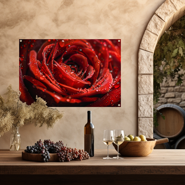 Close-up van een rode roos met dauwdruppels tuinposter