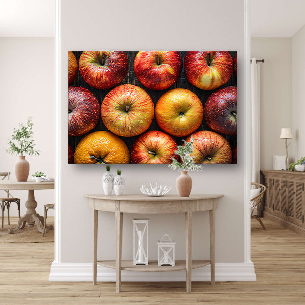 Frisse Appels met Waterdruppels op Hout canvas