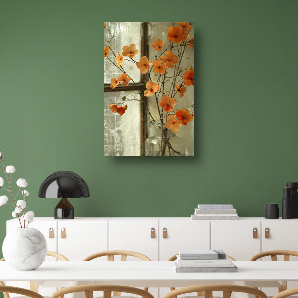 Oranje bloesems in glazen vaas canvas