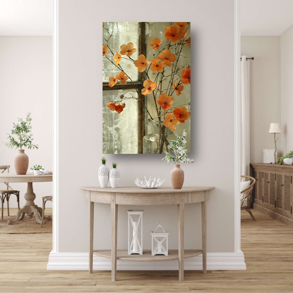 Oranje bloesems in glazen vaas canvas