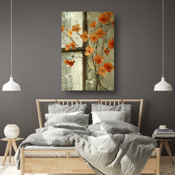 Oranje bloesems in glazen vaas canvas