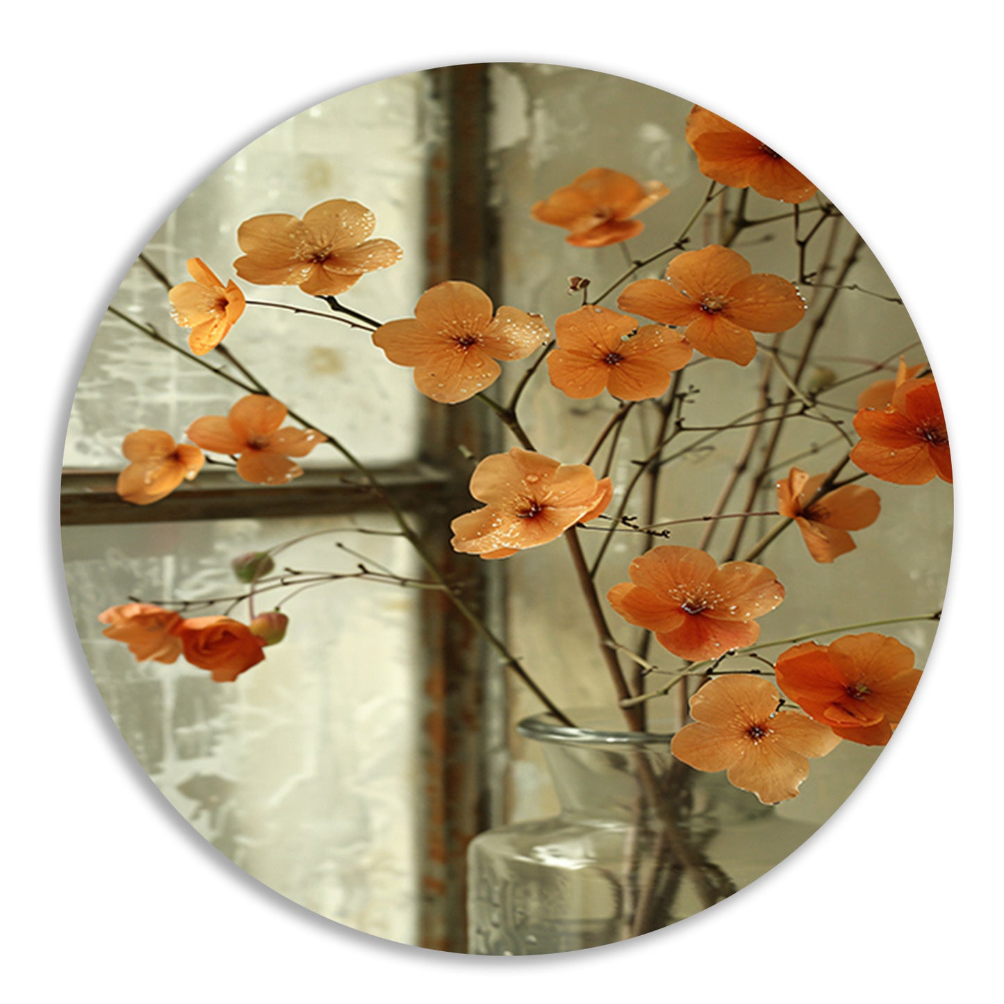Oranje bloesems in glazen vaas aluminium muurcirkel