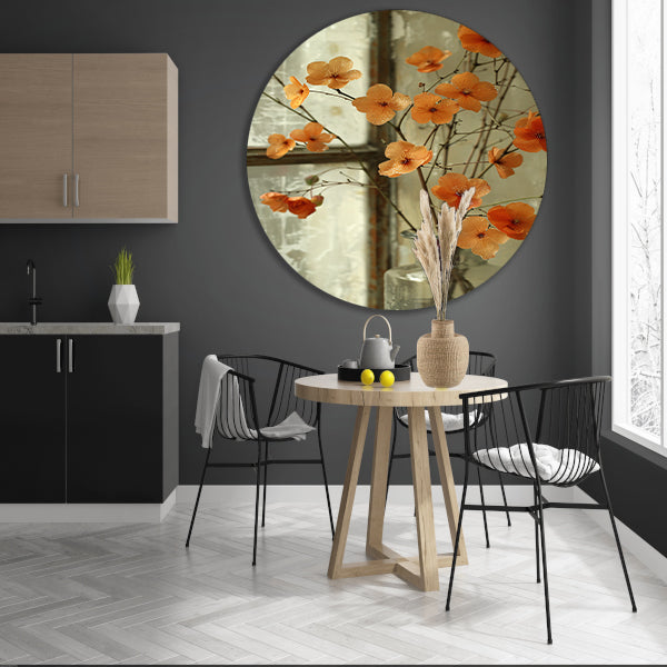 Oranje bloesems in glazen vaas aluminium muurcirkel