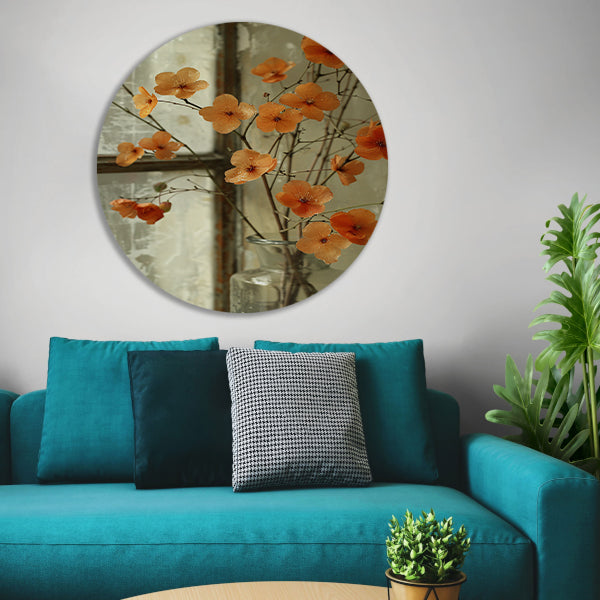 Oranje bloesems in glazen vaas aluminium muurcirkel