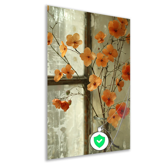 Oranje bloesems in glazen vaas poster