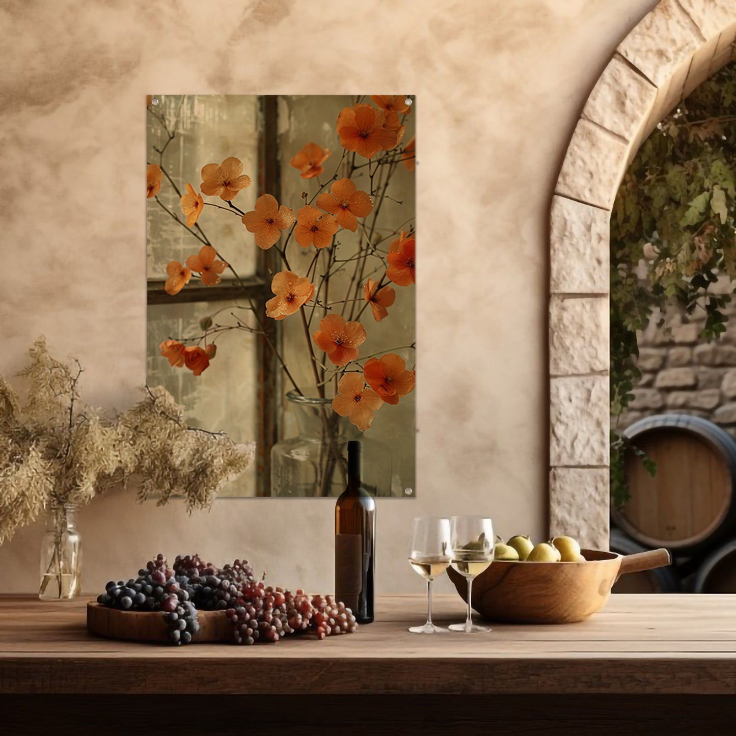 Oranje bloesems in glazen vaas tuinposter
