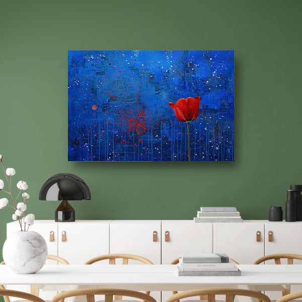 Abstracte tulp tegen dynamische blauwe achtergrondposter