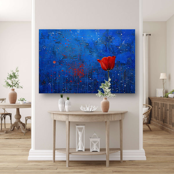 Abstracte tulp tegen dynamische blauwe achtergrondposter