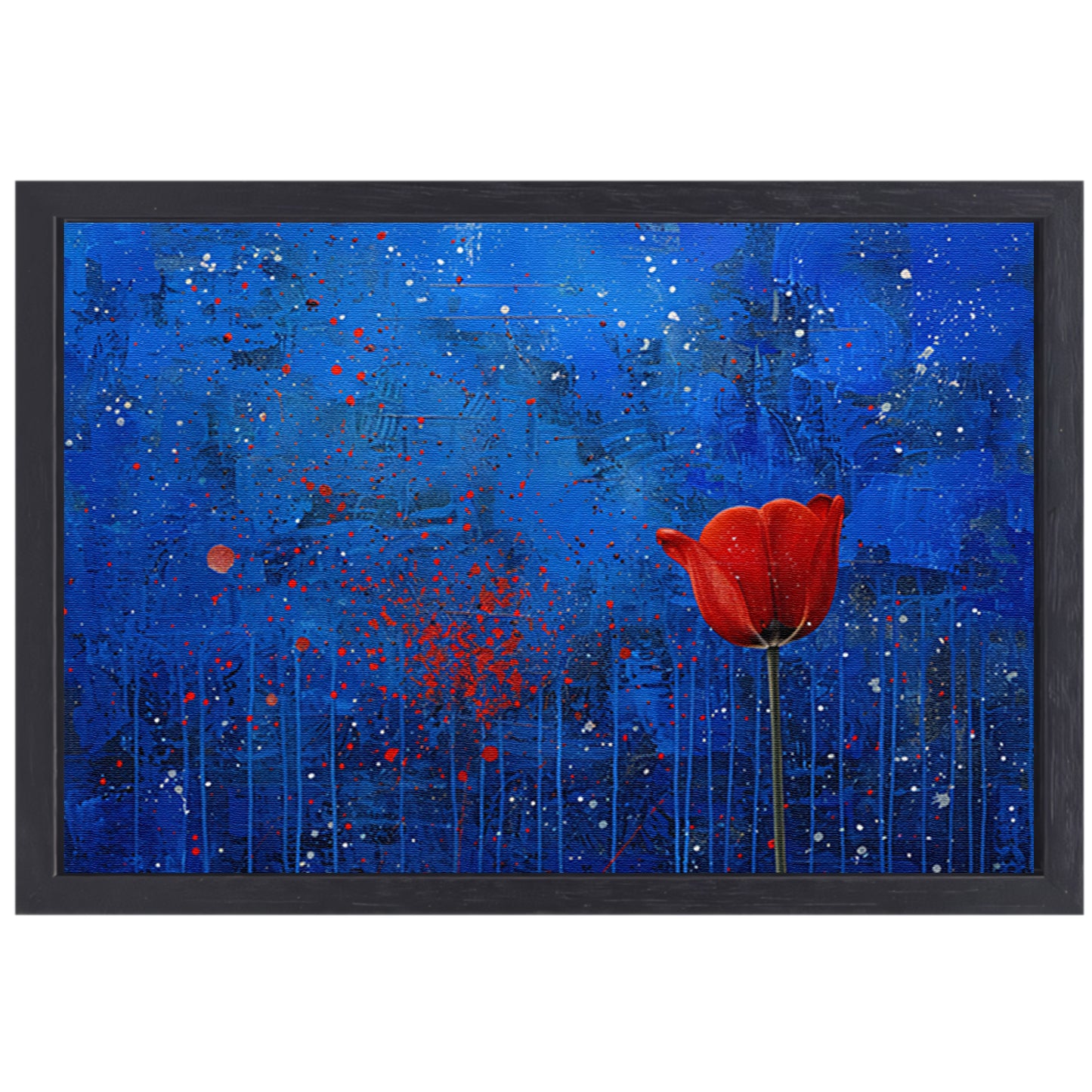 Abstracte tulp tegen dynamische blauwe achtergrond canvas met baklijst