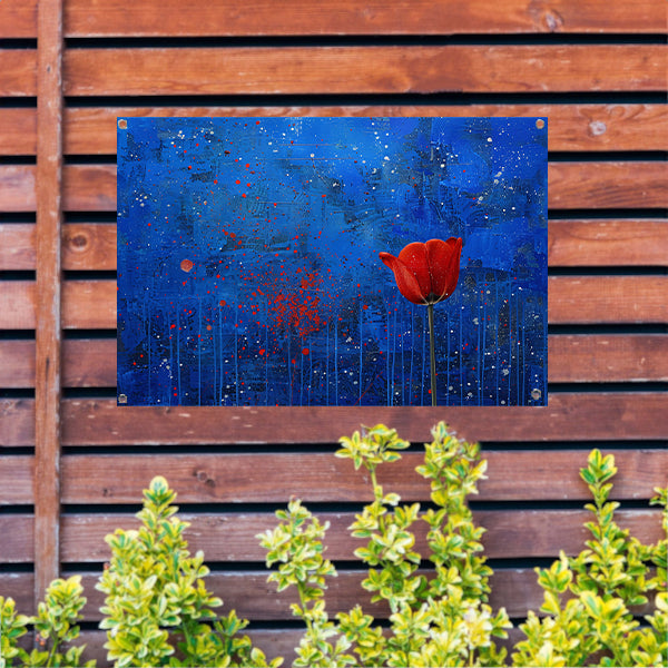 Abstracte tulp tegen dynamische blauwe achtergrond tuinposter