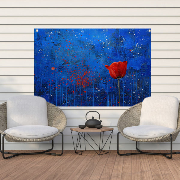 Abstracte tulp tegen dynamische blauwe achtergrond tuinposter