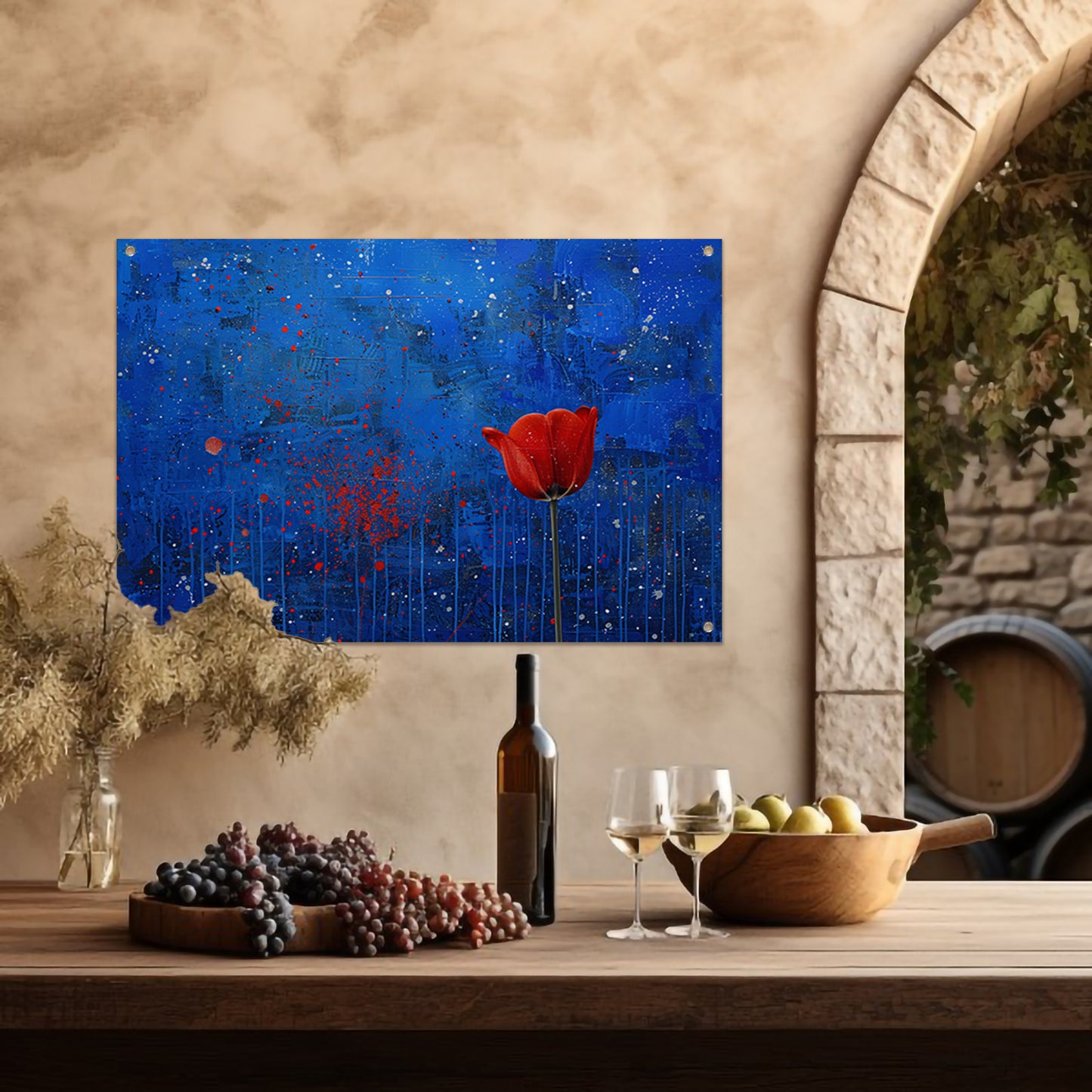 Abstracte tulp tegen dynamische blauwe achtergrond tuinposter