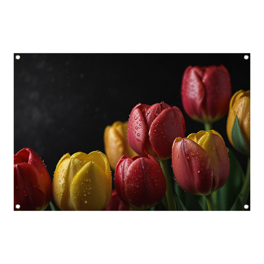 Levendige tulpen met ochtenddauw op zwarte achtergrond tuinposter