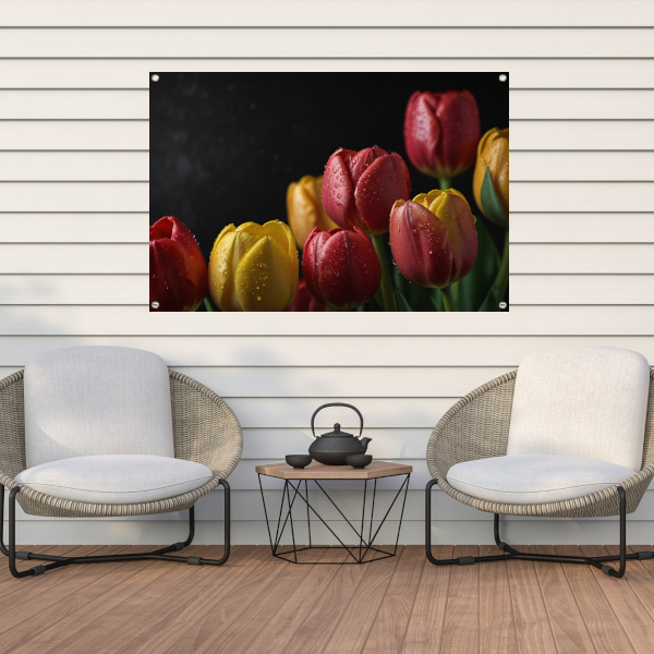 Levendige tulpen met ochtenddauw op zwarte achtergrond tuinposter