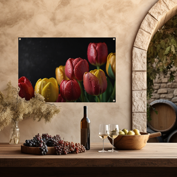 Levendige tulpen met ochtenddauw op zwarte achtergrond tuinposter