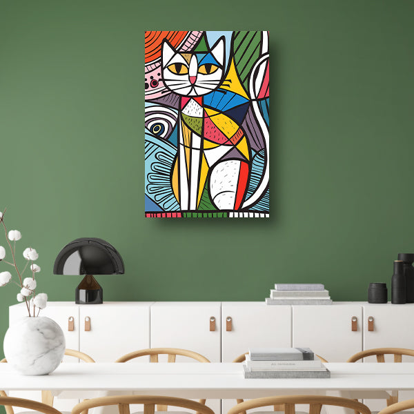 Kleurrijk kubistisch kat schilderij met patronen canvas met baklijst
