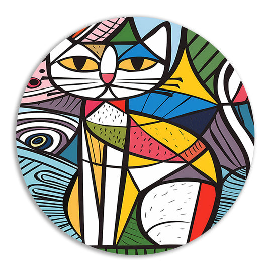 Kleurrijk kubistisch kat schilderij met patronen aluminium muurcirkel