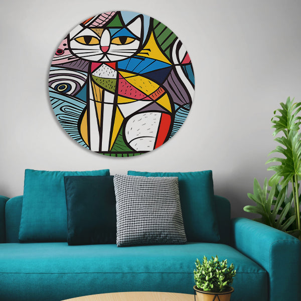 Kleurrijk kubistisch kat schilderij met patronen aluminium muurcirkel