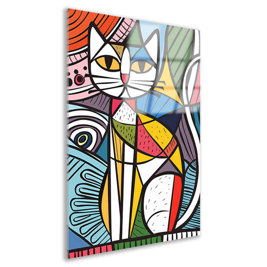 Kleurrijk kubistisch kat schilderij met patronen acrylglas