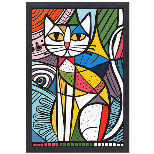 Kleurrijk kubistisch kat schilderij met patronen canvas met baklijst