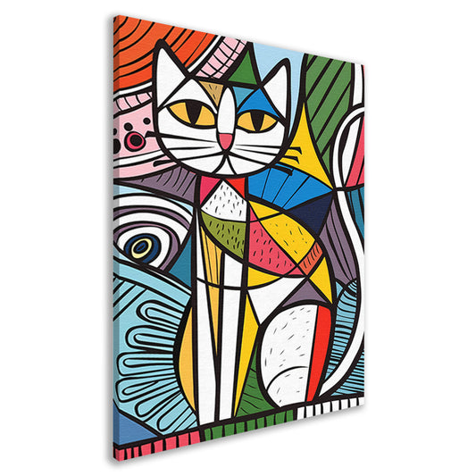 Kleurrijk kubistisch kat schilderij met patronen canvas