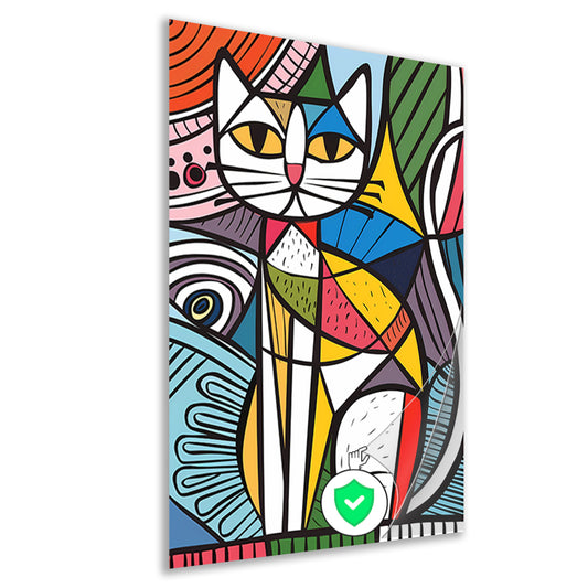 Kleurrijk kubistisch kat schilderij met patronen poster
