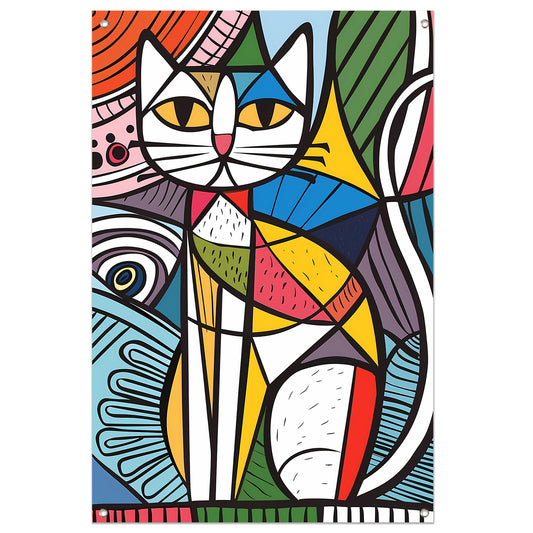 Kleurrijk kubistisch kat schilderij met patronen tuinposter