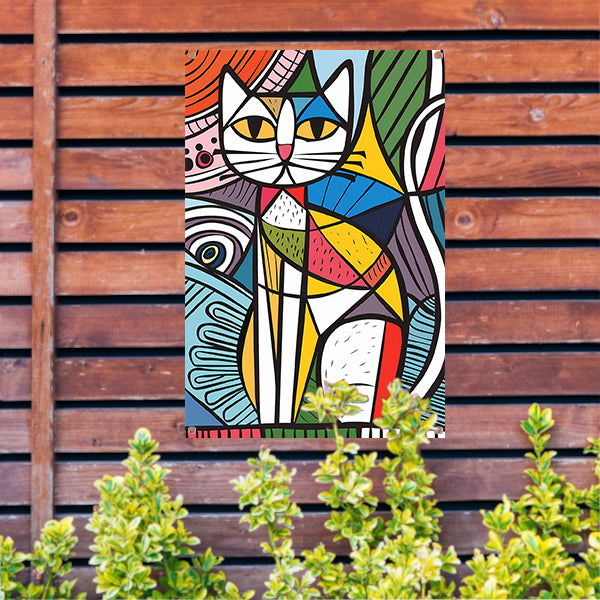 Kleurrijk kubistisch kat schilderij met patronen tuinposter
