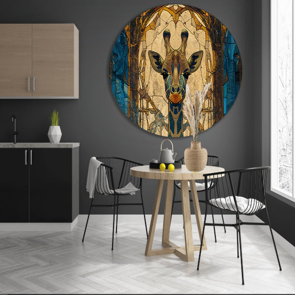 Abstracte giraffe in glas-in-lood stijl schilderij aluminium muurcirkel