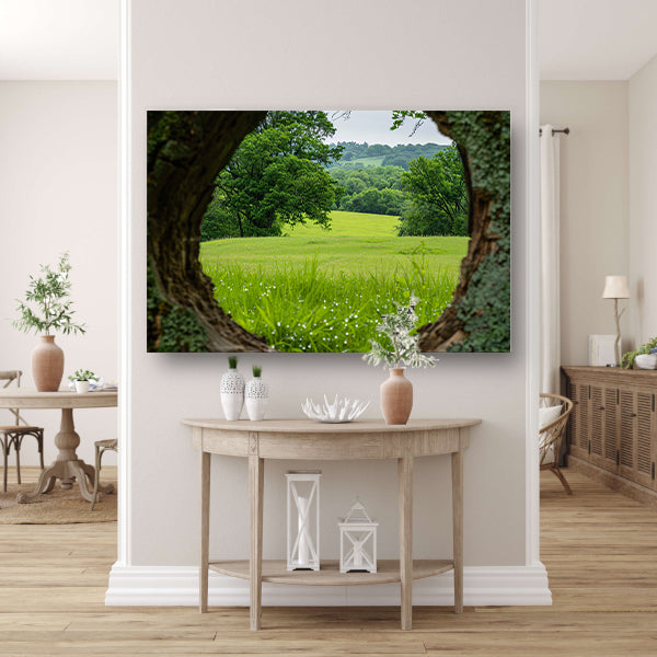 Natuurlandschap door een houten raam poster