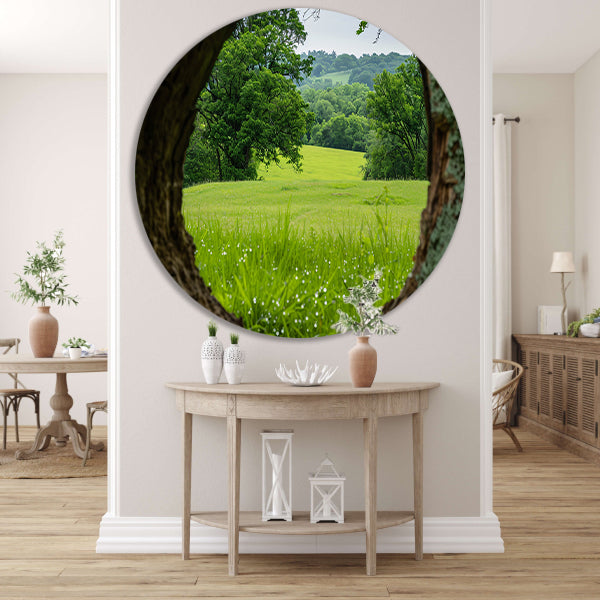 Natuurlandschap door een houten raam forex muurcirkel