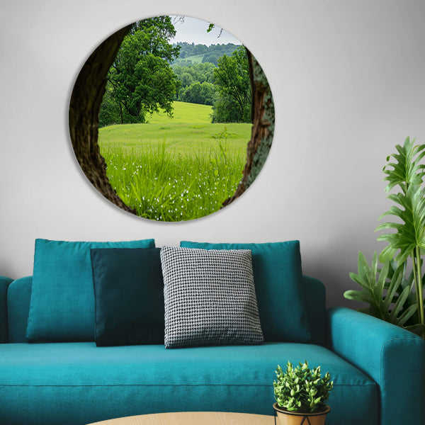 Natuurlandschap door een houten raam forex muurcirkel