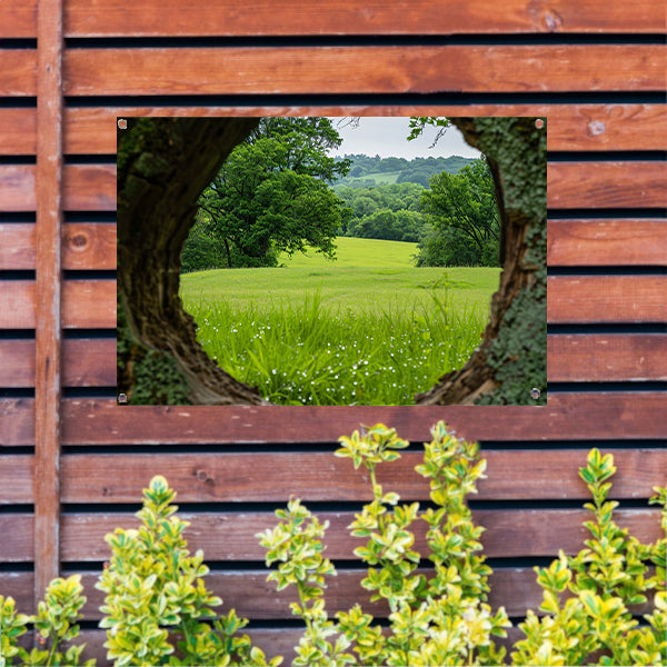 Natuurlandschap door een houten raam tuinposter