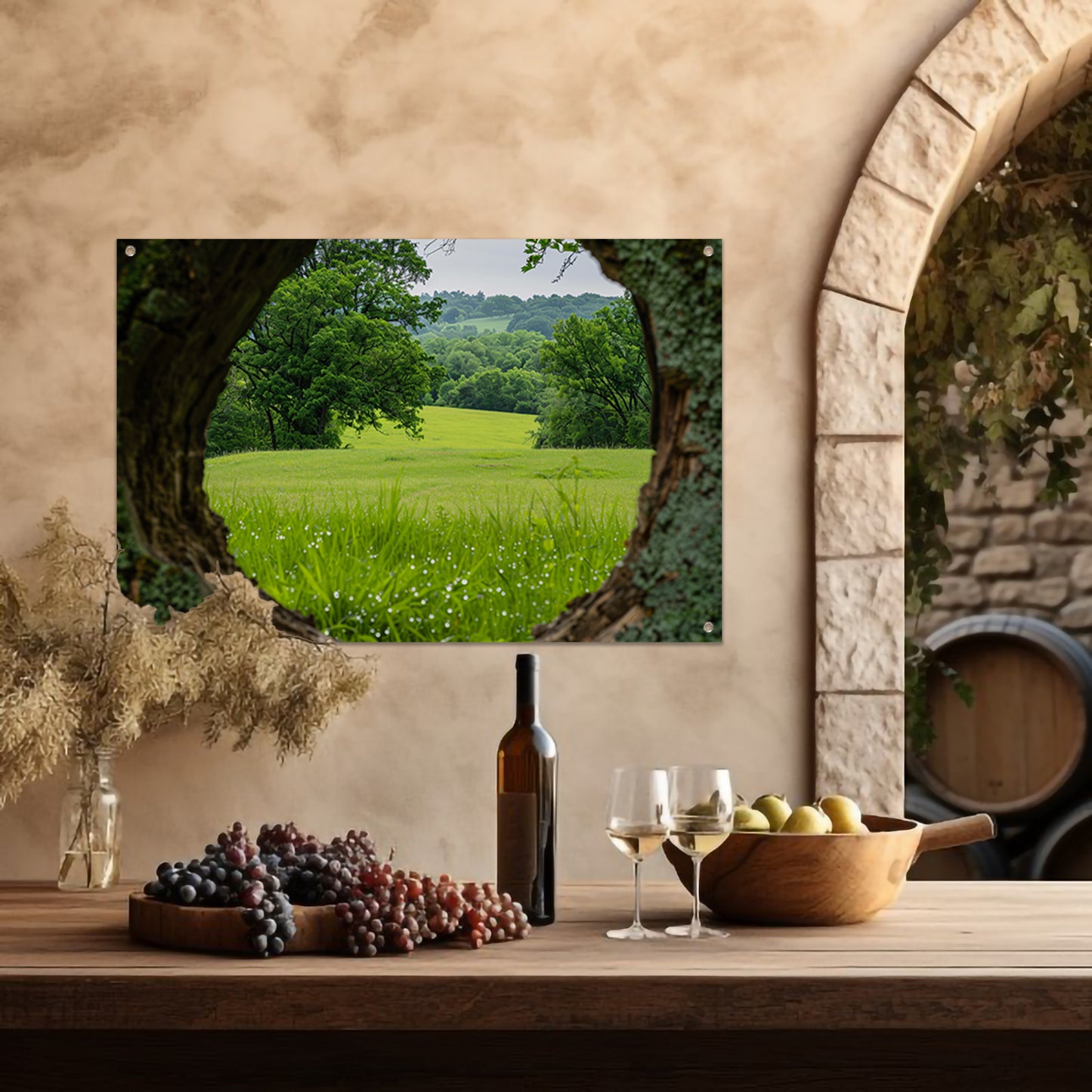 Natuurlandschap door een houten raam tuinposter